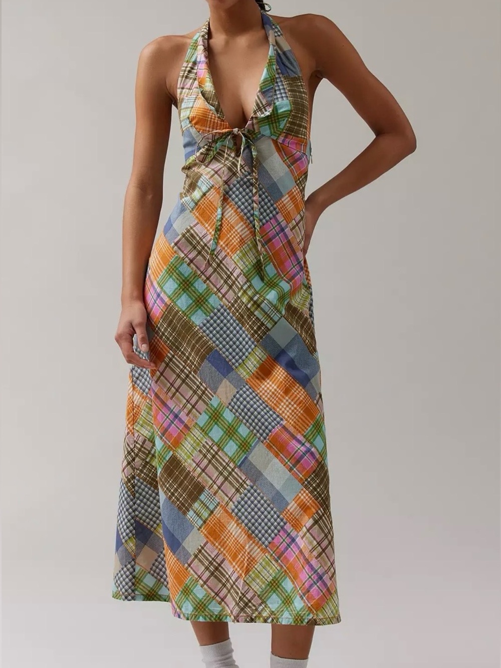 Urban Outfitters BDG Danny Madras Halter Dress Sz S Plaid Patchwork Retro